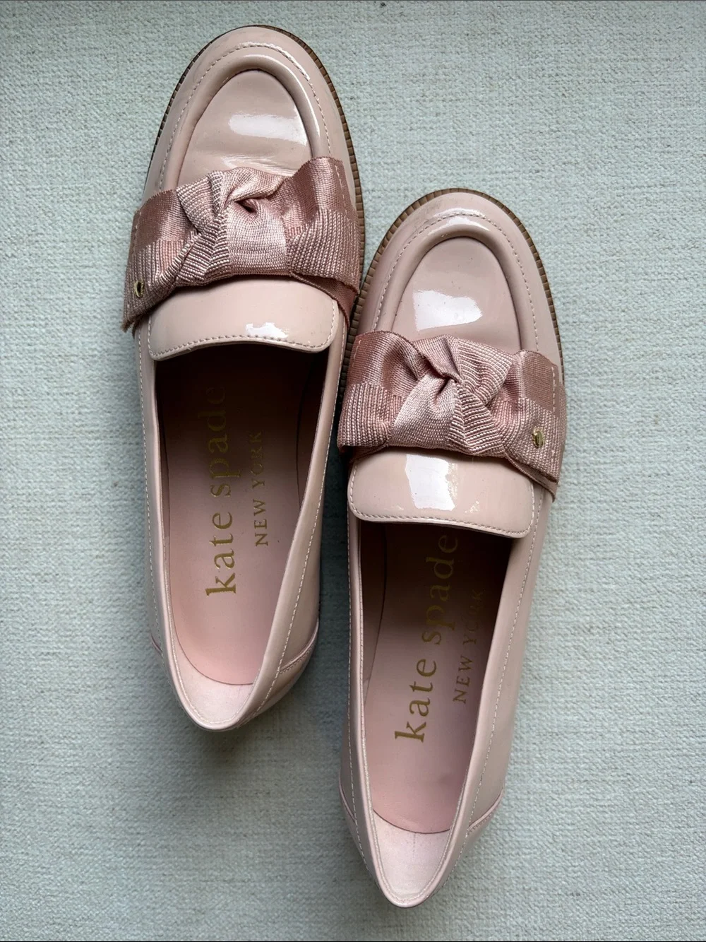 kate spade Blush Patent Loafers with Bow Accent